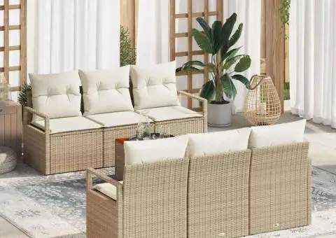 Set de canapea pentru grădină 7 piese cu perne, Rattan poli bej, Acacia - 1/5