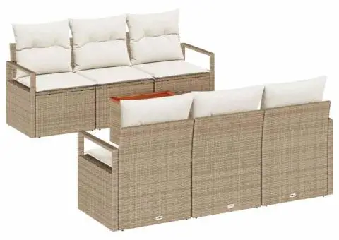 Set de canapea pentru grădină 7 piese cu perne, Rattan poli bej, Acacia - 2/5