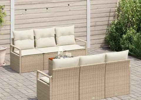 Set de canapea pentru grădină 7 piese cu perne, Rattan poli bej, Acacia - 3/5