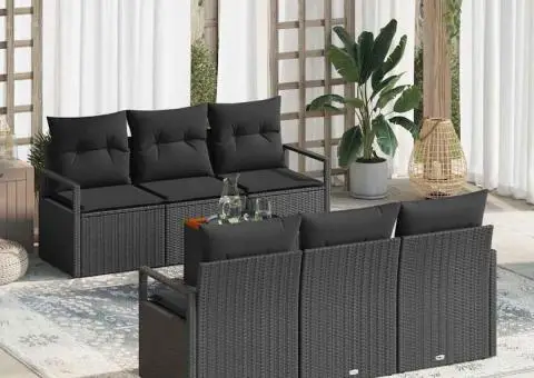 Set de canapele de grădină cu 7 piese și perne din rattan negru și acacia - 1/5