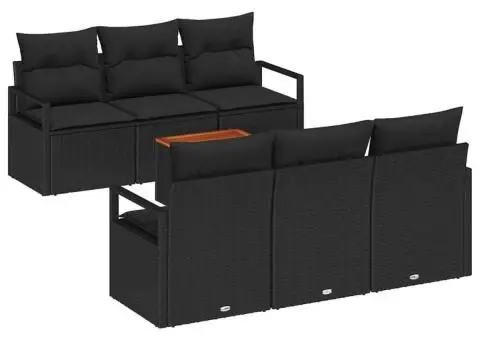 Set de canapele de grădină cu 7 piese și perne din rattan negru și acacia - 2/5