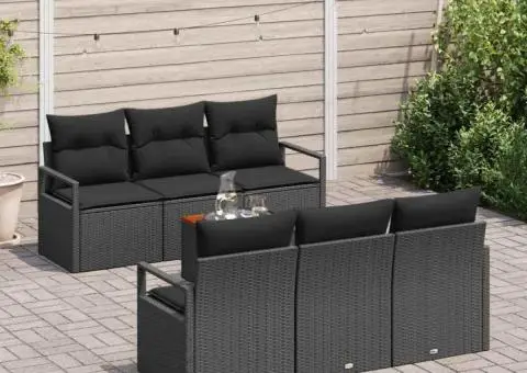 Set de canapele de grădină cu 7 piese și perne din rattan negru și acacia - 3/5