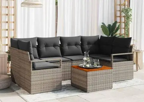 Set de canapele pentru grădină , 7 piese, cu perne gri din rattan și poliester - 1/5