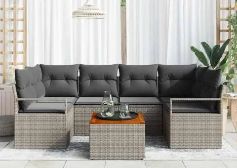 Set de canapele pentru grădină , 7 piese, cu perne gri din rattan și poliester - 3/5