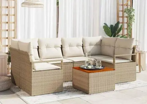 Set de canapea de grădină de 7 piese cu perne bej din rattan polițat și lemn de acacia - 1/5