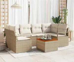 Set de canapea de grădină de 7 piese cu perne bej din rattan polițat și lemn de acacia