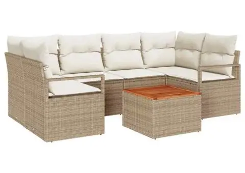 Set de canapea de grădină de 7 piese cu perne bej din rattan polițat și lemn de acacia - 2/5