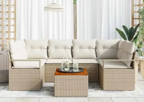 Set de canapea de grădină de 7 piese cu perne bej din rattan polițat și lemn de acacia - 3/5