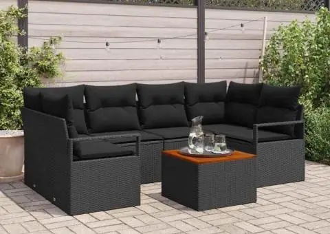 Set de canapea de grădină cu 7 piese și perne, rattan negru, acacia - 1/5