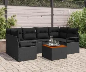 Set de canapea de grădină cu 7 piese și perne, rattan negru, acacia