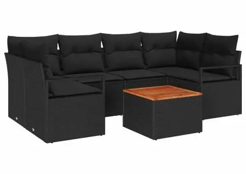 Set de canapea de grădină cu 7 piese și perne, rattan negru, acacia - 2/5