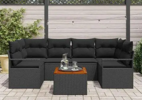 Set de canapea de grădină cu 7 piese și perne, rattan negru, acacia - 3/5