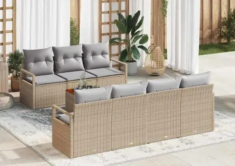 Set de canapea de grădină cu 8 piese și perne Bej din ratan poliesteric și acacia - 1/5