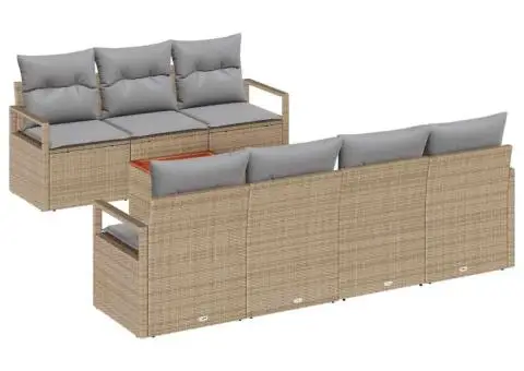 Set de canapea de grădină cu 8 piese și perne Bej din ratan poliesteric și acacia - 2/5