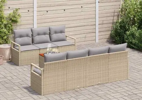 Set de canapea de grădină cu 8 piese și perne Bej din ratan poliesteric și acacia - 3/5