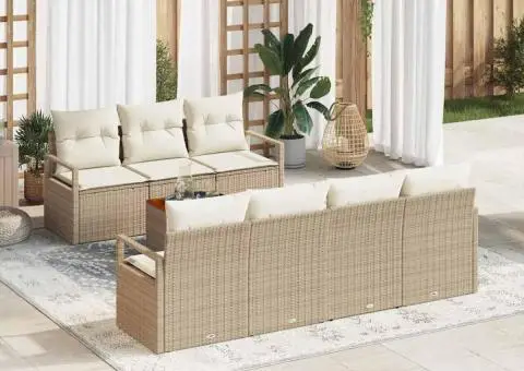 Set de canapea de grădină cu 8 piese, perne bej din ratan poli Acacia. - 1/5