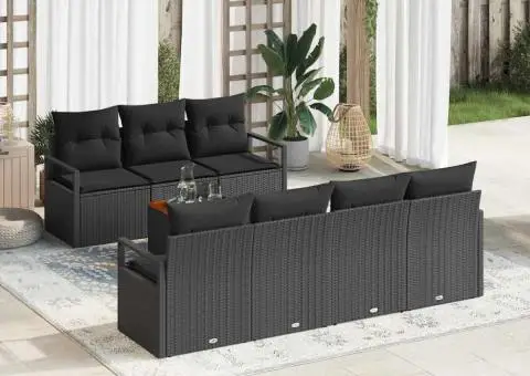 Set de canapea pentru grădină cu 8 piese și perne negre din ratan poly acacia - 1/5