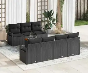 Set de canapea pentru grădină cu 8 piese și perne negre din ratan poly acacia