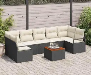 Set de canapea de grădină, 8 piese, cu perne negre din rattan poliester și acacia