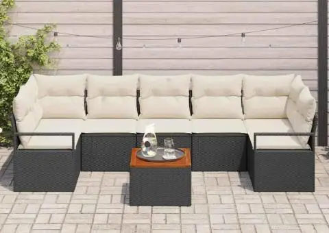 Set de canapea de grădină, 8 piese, cu perne negre din rattan poliester și acacia - 3/5