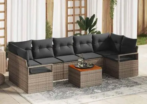 Set de mobilier de grădină cu 8 piese, gri, din rattan poly și acacia, cu perne - 1/5