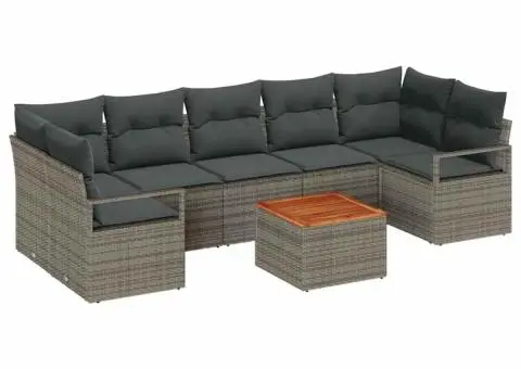 Set de mobilier de grădină cu 8 piese, gri, din rattan poly și acacia, cu perne - 2/5