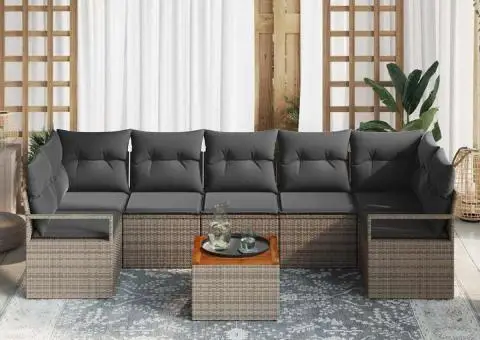 Set de mobilier de grădină cu 8 piese, gri, din rattan poly și acacia, cu perne - 3/5