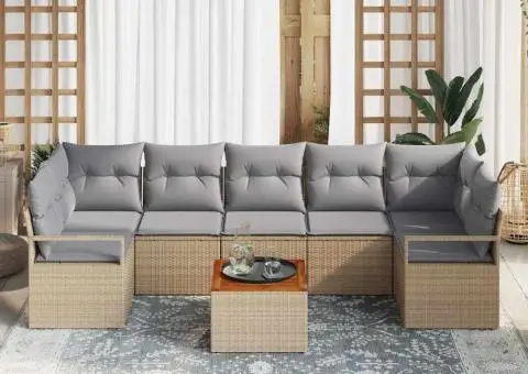 Set de canapele pentru grădină , 8 piese, cu perne Bej din rattan poliesteric Acacia - 3/5