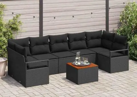 Set de canapea de grădină 8 piese cu perne, negru, din rattan poliesteric și acacia - 1/5