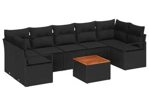 Set de canapea de grădină 8 piese cu perne, negru, din rattan poliesteric și acacia - 2/5
