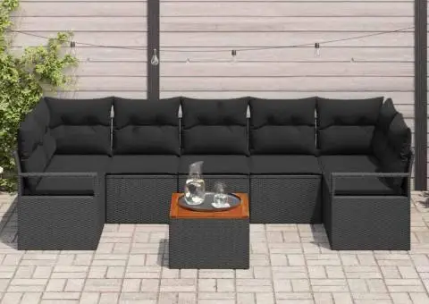 Set de canapea de grădină 8 piese cu perne, negru, din rattan poliesteric și acacia - 3/5