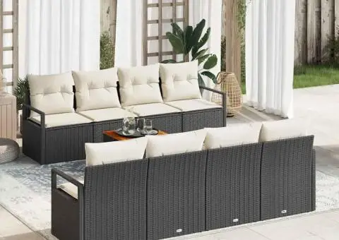 Set de canapea de grădină 9 piese cu perne, ratan poly negru, acacia - 1/5