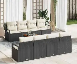 Set de canapea de grădină 9 piese cu perne, ratan poly negru, acacia