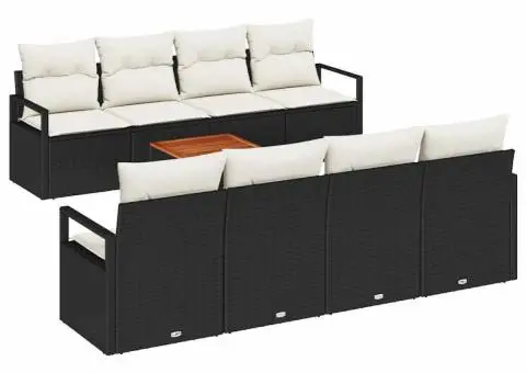 Set de canapea de grădină 9 piese cu perne, ratan poly negru, acacia - 2/5