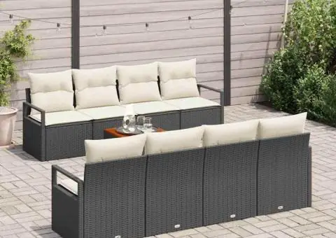 Set de canapea de grădină 9 piese cu perne, ratan poly negru, acacia - 3/5