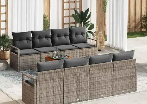 Set de canapele de grădină cu 9 piese, perne gri, din rattan sintetizat și lemn de acacia. - 1/5