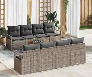 Set de canapele de grădină cu 9 piese, perne gri, din rattan sintetizat și lemn de acacia.