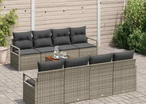 Set de canapele de grădină cu 9 piese, perne gri, din rattan sintetizat și lemn de acacia. - 3/5