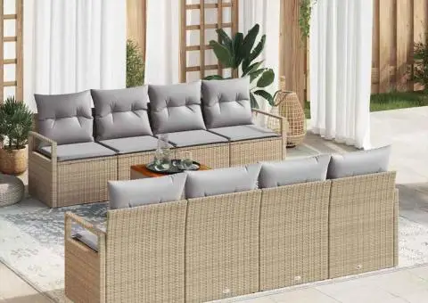 Set de canapea pentru grădină, 9 piese, cu perne, bej, rattan sintetic, acacia - 1/5
