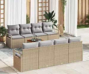 Set de canapea pentru grădină, 9 piese, cu perne, bej, rattan sintetic, acacia