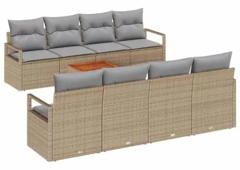 Set de canapea pentru grădină, 9 piese, cu perne, bej, rattan sintetic, acacia - 2/5