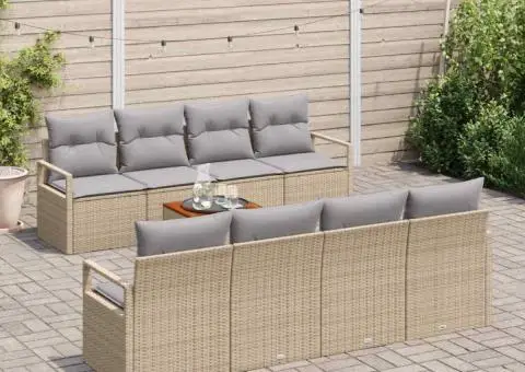 Set de canapea pentru grădină, 9 piese, cu perne, bej, rattan sintetic, acacia - 3/5