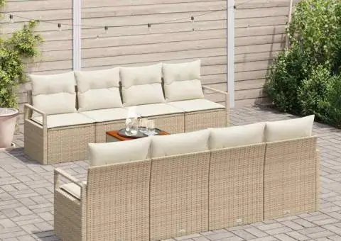 Set de canapele de grădină din 9 piese cu perne bej din ratan polițat și lemn de acacia - 3/5