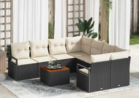 Set de canapea de grădină cu 9 piese, perne negre din ratan polimeric și acacia. - 1/5