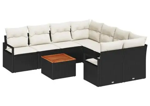 Set de canapea de grădină cu 9 piese, perne negre din ratan polimeric și acacia. - 2/5