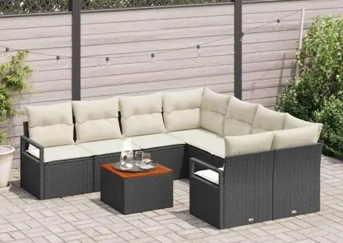 Set de canapea de grădină cu 9 piese, perne negre din ratan polimeric și acacia. - 3/5