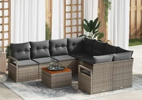 Set de canapea pentru grădină, 9 piese, cu perne, ratan polimer gri, acacia - 1/5