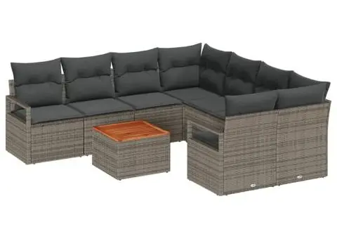 Set de canapea pentru grădină, 9 piese, cu perne, ratan polimer gri, acacia - 2/5