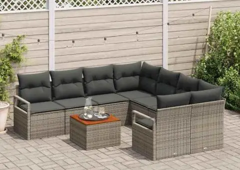 Set de canapea pentru grădină, 9 piese, cu perne, ratan polimer gri, acacia - 3/5