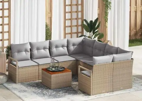 Set canapea grădină 9 piese cu perne, bej, ratan sintetic, lemn de acacia - 1/5